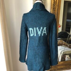Bouche a bouche knit green turquoise long “diva” embroidered cardigan size small